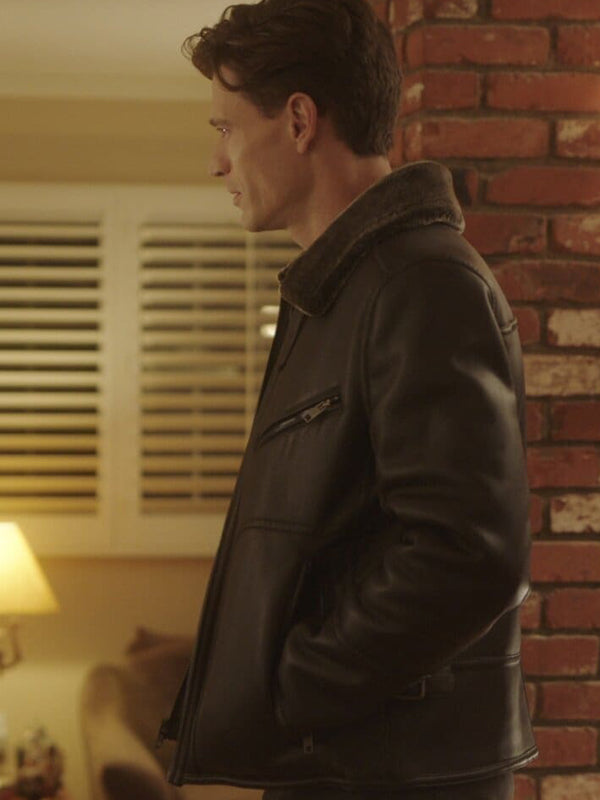 A Very Charming Christmas Town Sawyer Larsen Shearling Leather Jacket New Year Sale