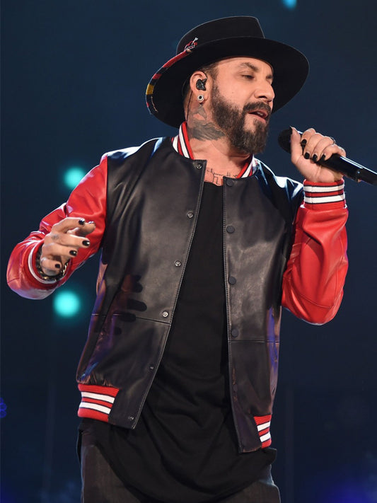 AJ McLean Red Black Bomber Leather Varsity Jacket Free Shipping UK USA Canada