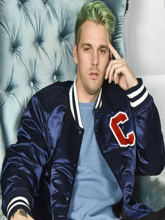 Aaron Carter Blue Satin Bomber Jacket Celebrity Outfits Sale