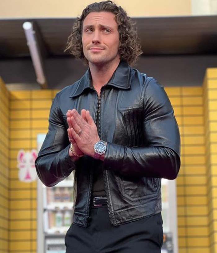 Aaron Taylor Bullet Train Black Leather Jacket Christmas Sale