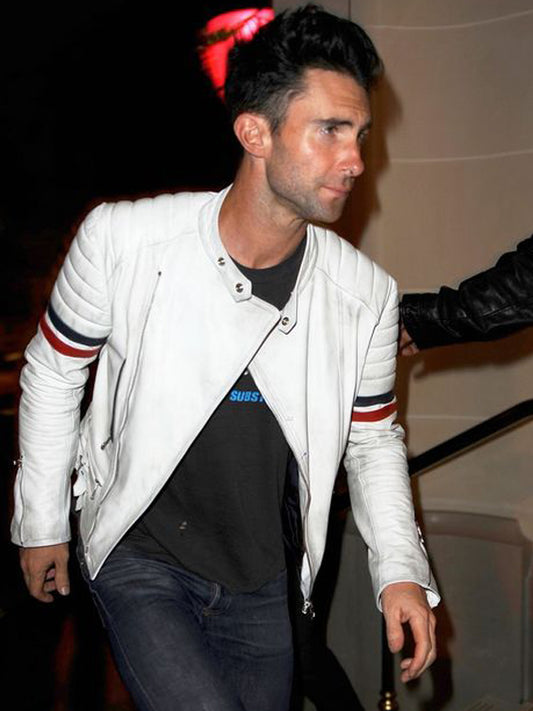 Adam Levine Biker Brando White Leather Jacket Black Friday Sale
