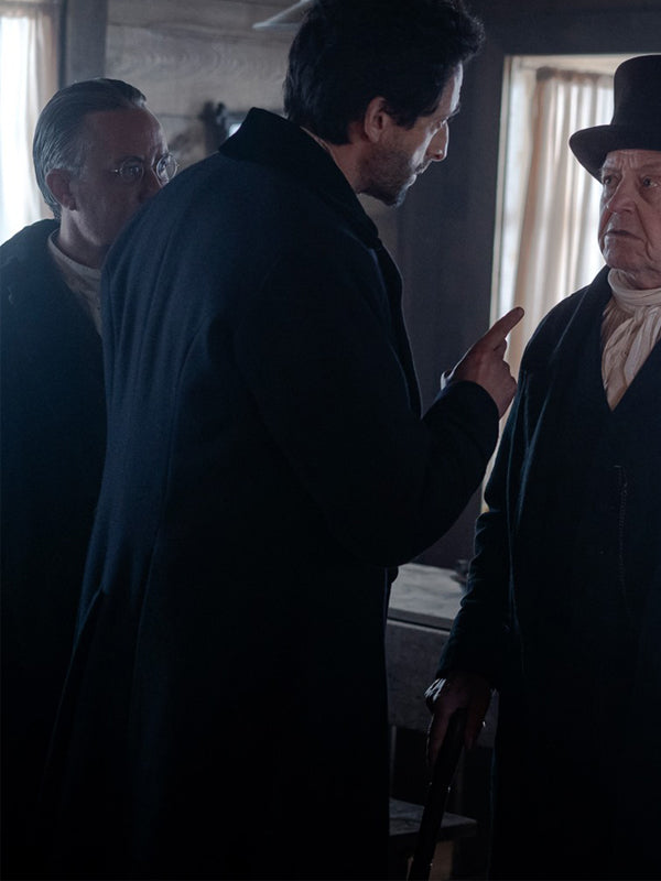 Adrien Brody Chapelwaite Blue Wool Winter Coat Celebrity Outfits