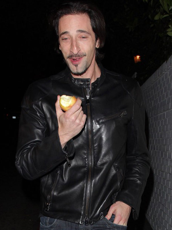 Adrien Brody Classic Biker Black Leather Jacket Easter Sale
