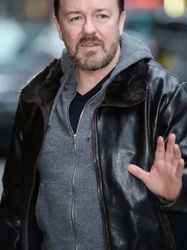 Afterlife Ricky Gervais Black Leather Classic Jacket Easter Sale