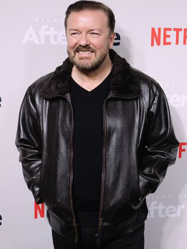 Afterlife Ricky Gervais Black Leather Classic Jacket on Sale