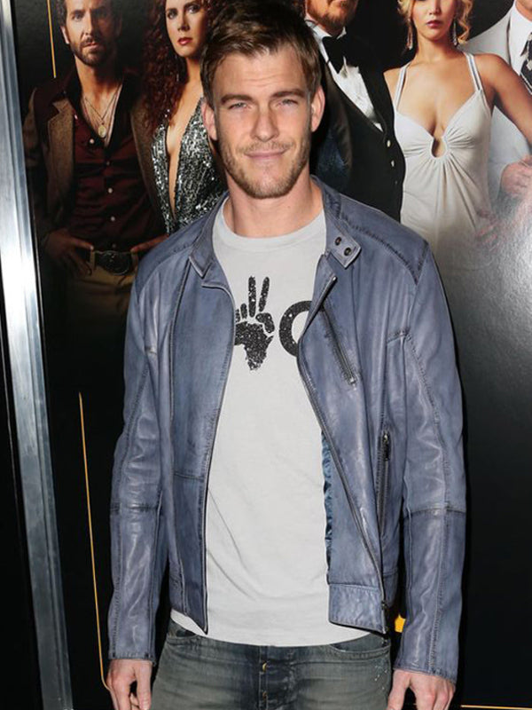 Alan Ritchson Biker Blue Leather Jacket Celebrity Style on Sale