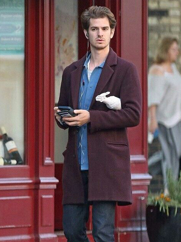 Andrew Garfield We Live In Time Burgundy Wool Coat Free Shipping UK USA Canada