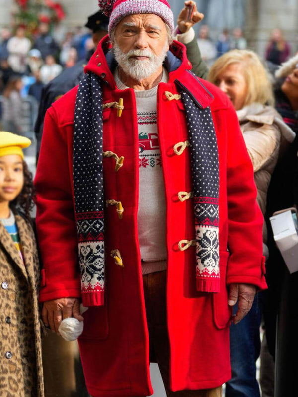 Arnold Schwarzenegger The Man with the Bag Red Wool Santa Coat Free Shipping UK USA Canada