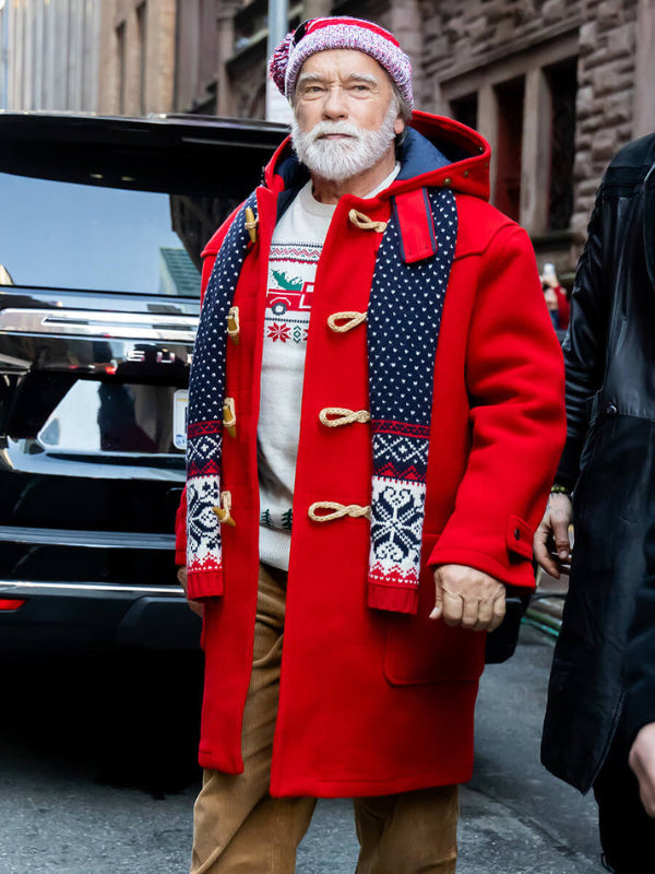 Arnold Schwarzenegger The Man with the Bag Red Wool Santa Coat Shop now