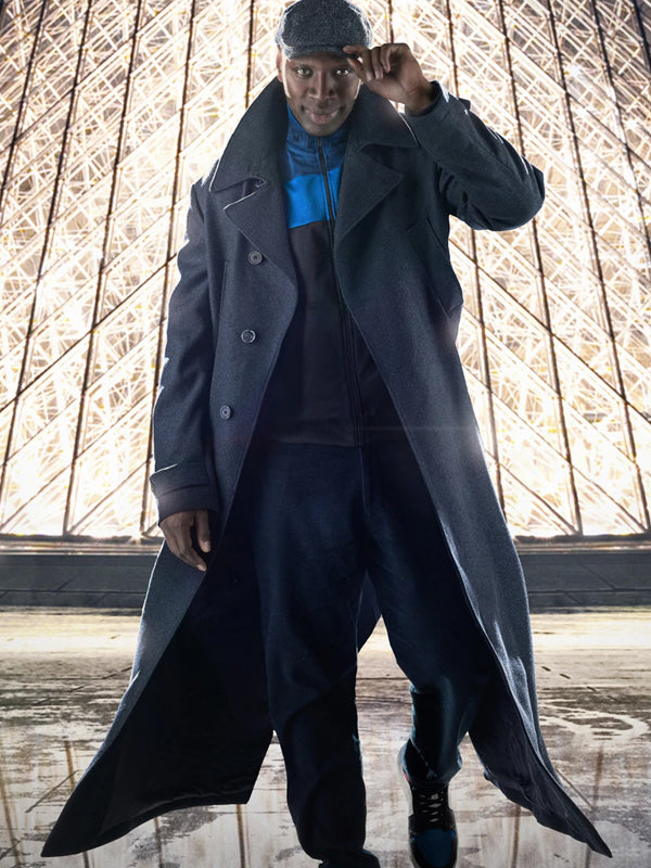 Assane Diop Lupin Trench Black Wool Coat Winter Sale