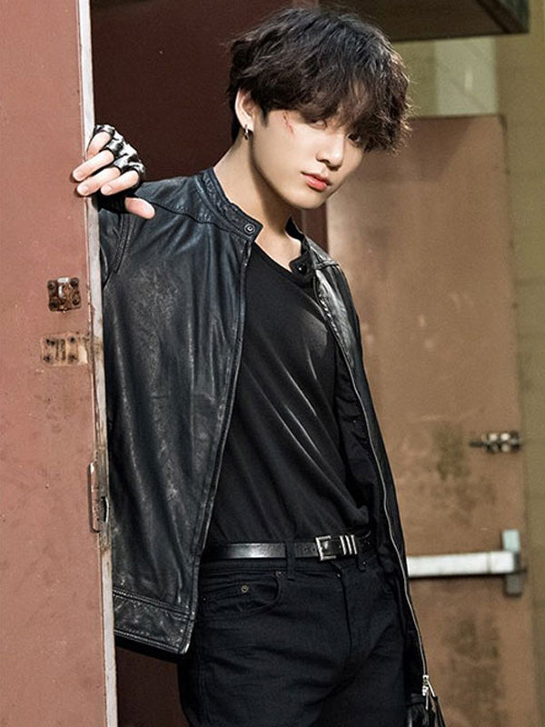 BTS Jungkook Korean Black Leather Biker Jacket Shop now