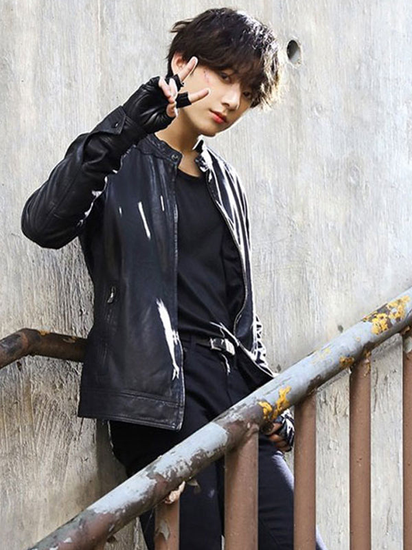 BTS Jungkook Korean Black Leather Biker Jacket