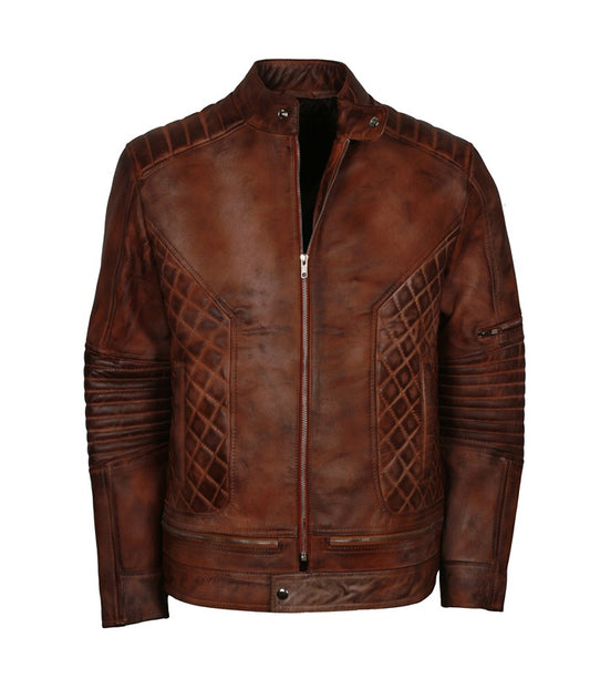 Biker Brown Distressed Quilted Leather Jacket Vintage