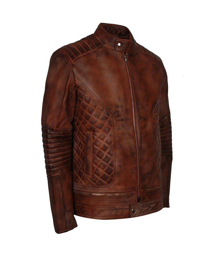 Biker Brown Distressed Quilted Leather Jacket Winter Sale