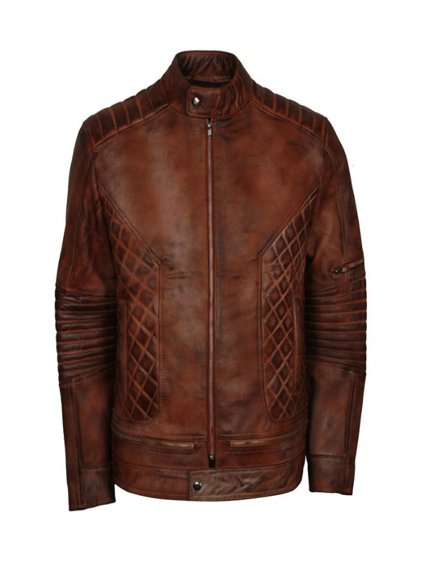 Biker Brown Distressed Quilted Leather Jacket