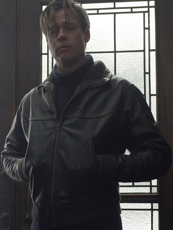 Brad Pitt Allied Classic Black Leather Jacket Free Shipping UK USA Canada