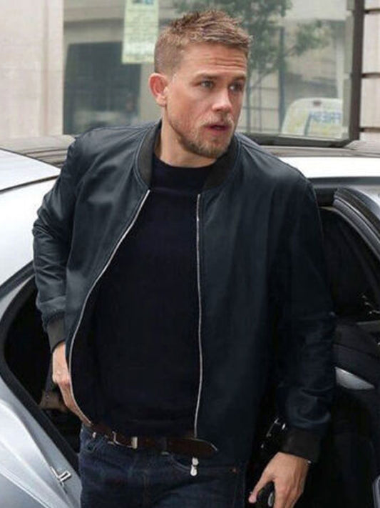 Charlie Hunnam Blue Bomber Leather Jacket Free Shipping Worldwide