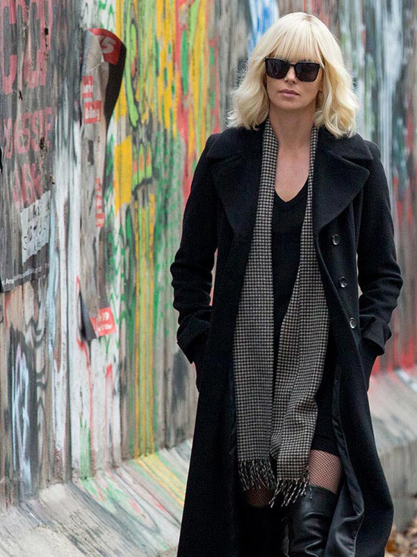 Charlize Theron Atomic Blonde Trench Wool Black Coat Easter sale