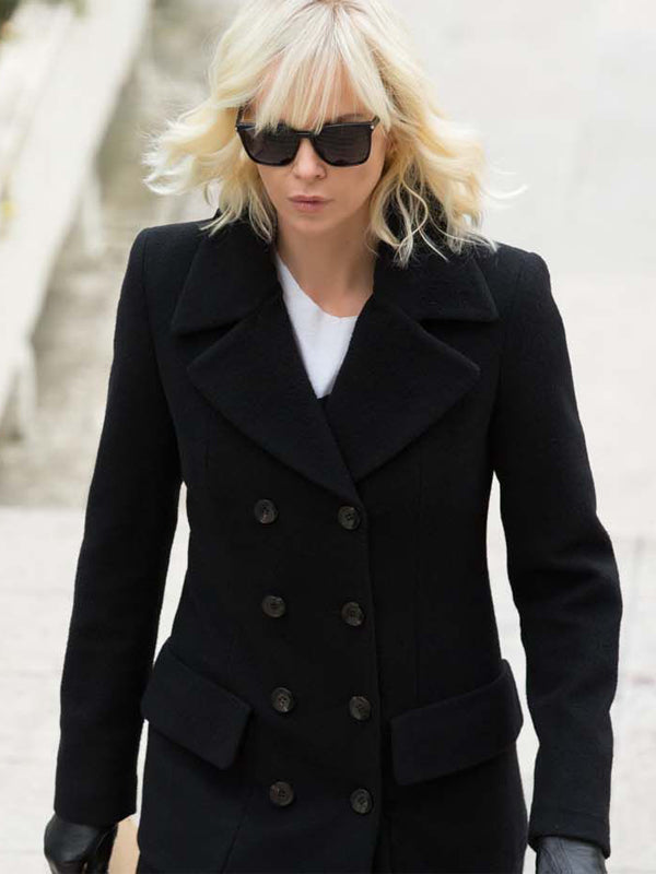 Charlize Theron Atomic Blonde Trench Wool Black Coat Gifts For Her