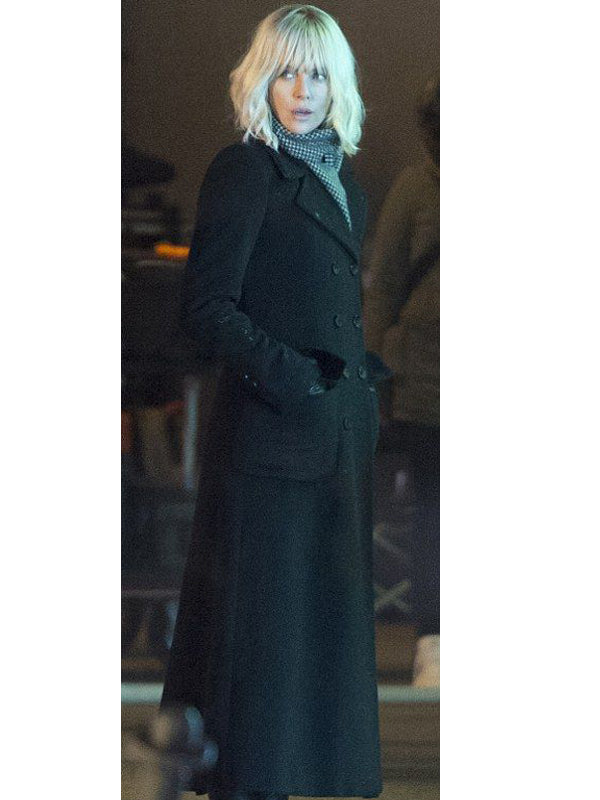 Charlize Theron Atomic Blonde Trench Wool Black Coat Thanksgiving Sale