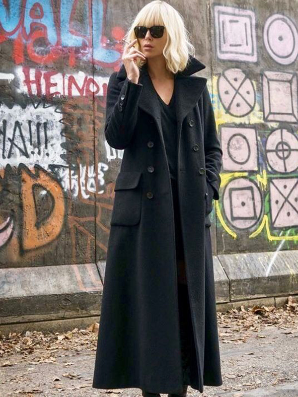 Charlize Theron Atomic Blonde Trench Wool Black Coat