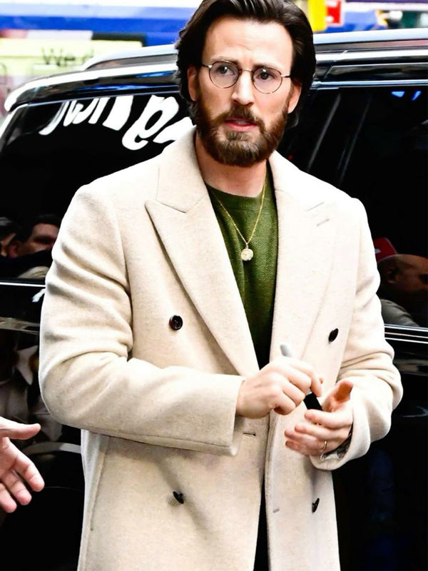 Chris Evans Red One Off White Wool Trench Coat Free Shipping UK USA Canada