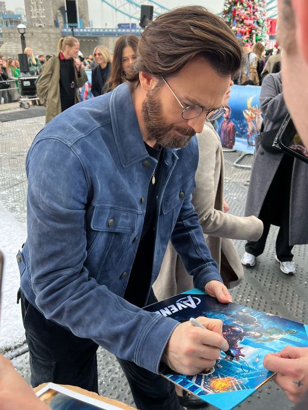 Chris Evans Red One Premiere Blue Suede Leather Jacket Easter Sale