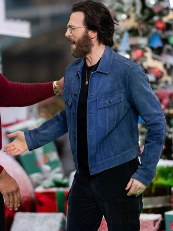 Chris Evans Red One Premiere Blue Suede Leather Jacket New Year Sale