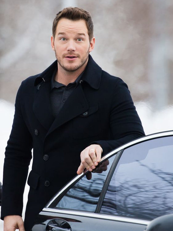 Chris Pratt Classic Winter Black Wool Coat Free Shipping UK USA Canada