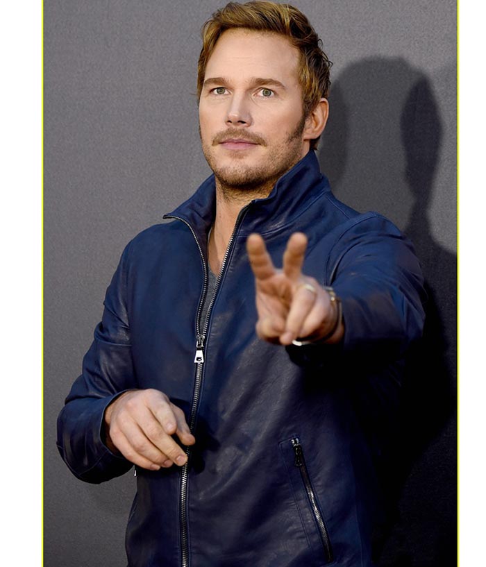 Chris Pratt Premiere Classic Blue Leather Jacket Christmas Sale