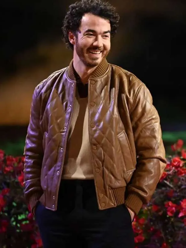 Claim to Fame Kevin Jonas Quilted Bomber Brown Leather Jacket Black Friday Sale