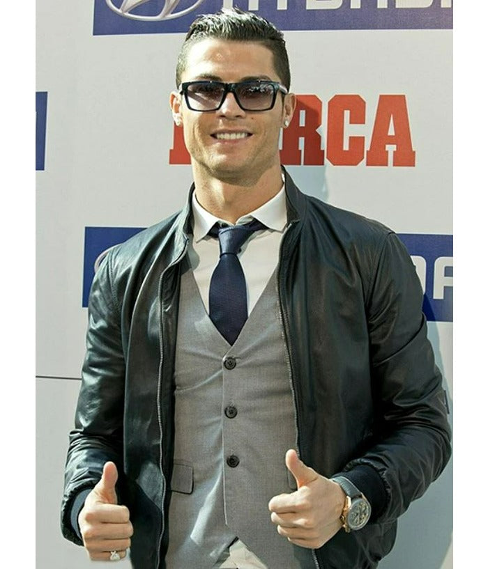 Cristiano Ronaldo Black Bomber Leather Jacket Shop now