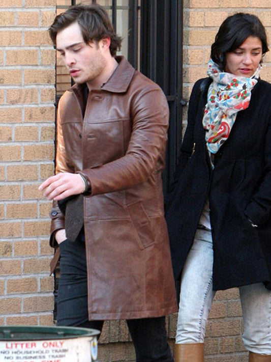 Ed Westwick Gossip Girl Brown Leather Coat Black Friday Sale