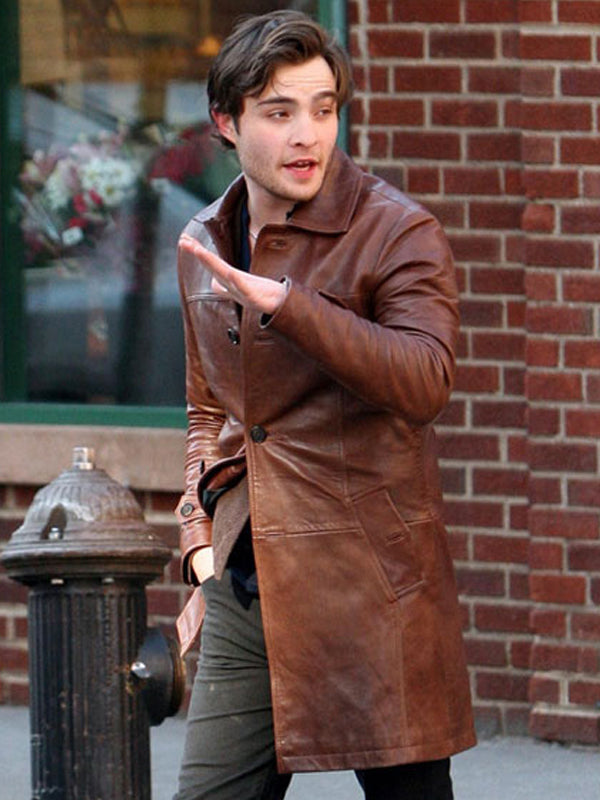 Ed Westwick Gossip Girl Brown Leather Coat Free Shipping UK USA Canada