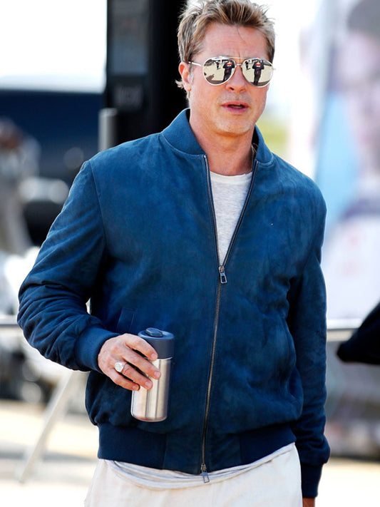 F1 Brad Pitt British Grand Prix Blue Suede Jacket Free Shipping UK USA Canada