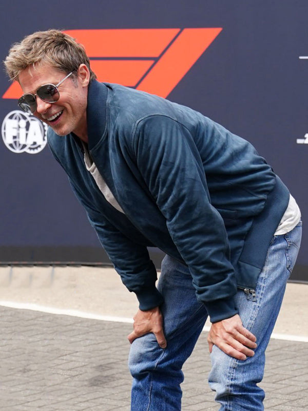 F1 Brad Pitt British Grand Prix Blue Suede Jacket Shop now