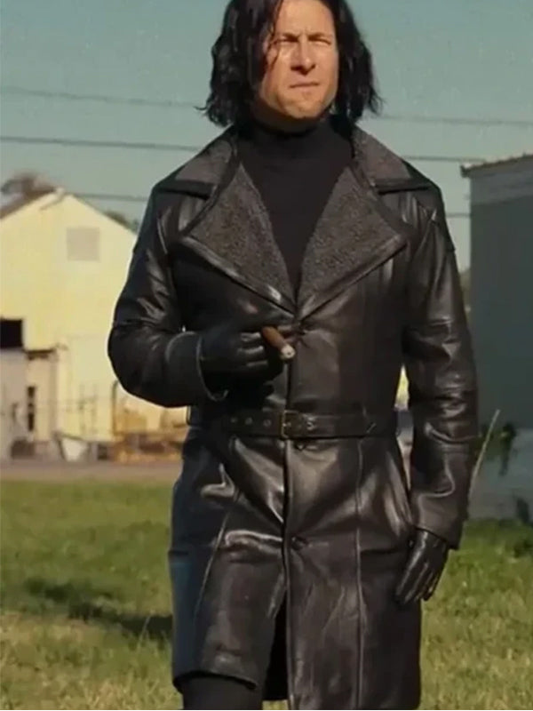 Hit Man Glen Powell Black Leather Coat Sale