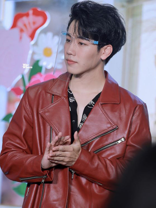 K Drama Anan Wong Biker Red Leather Jacket New Year Sale