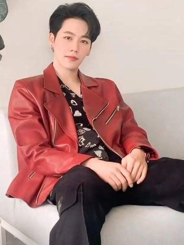 K Drama Anan Wong Biker Red Leather Jacket On Sale