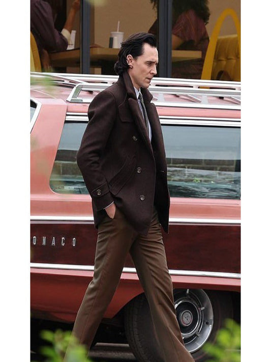 Loki Season 2 Tom Hiddleston Brown Wool Pea Coat Free Shipping UK USA Canada