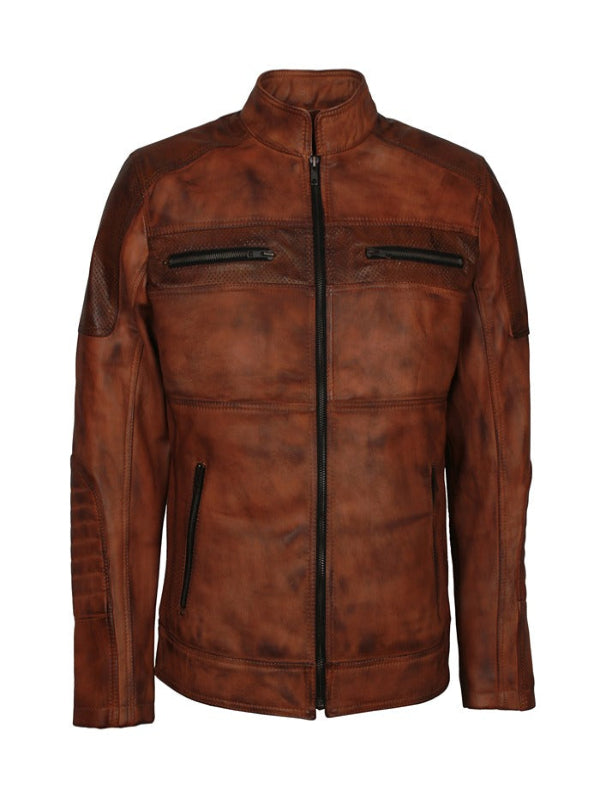 Men Biker Distressed Brown Leather Jacket