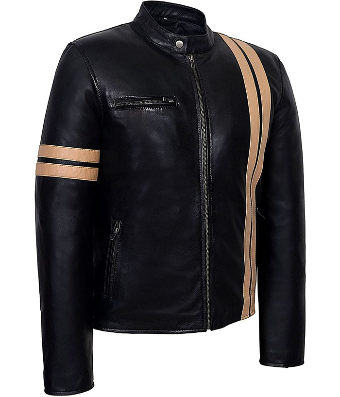 Men Biker Striped Black Leather Motorcycle Jacket lederjacke herren