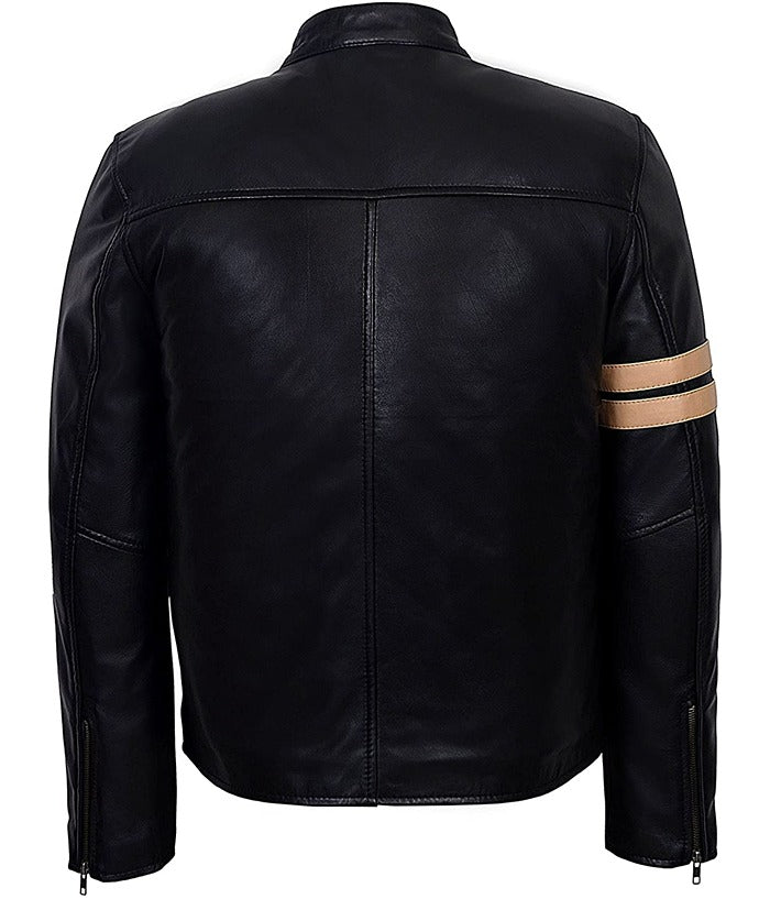 Men Biker Striped Black Leather Motorcycle Jacket veste en cuir