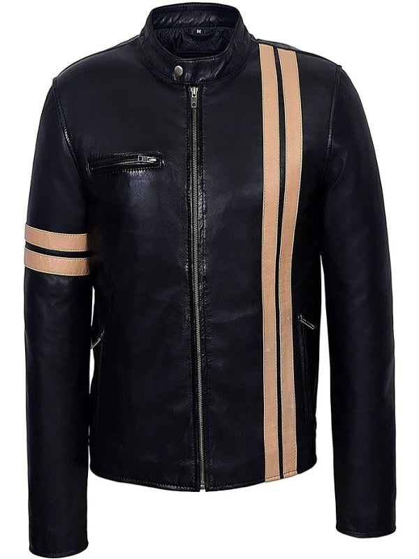 Men Biker Striped Black Leather Motorcycle Jacket
