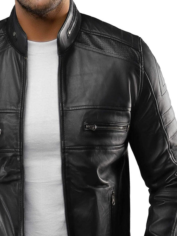 Mens Black Vintage Cafe Racer Leather Jacket Free Shipping USA Canada Europe