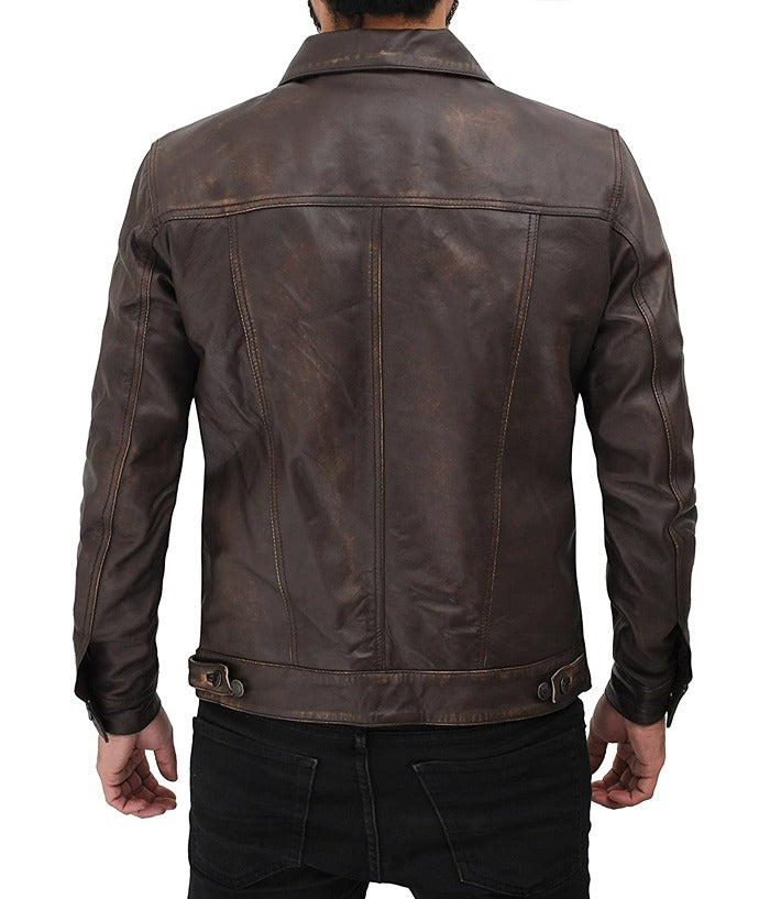 Mens Brown Distressed Leather Trucker Jacket Free Shipping UK USA Europe