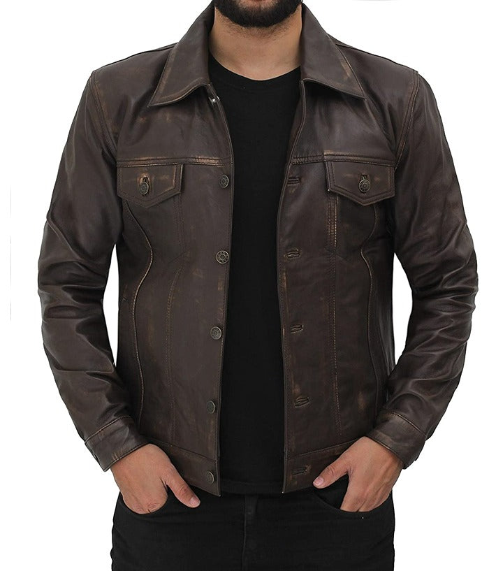 Mens Brown Distressed Leather Trucker Jacket Gifts For Him