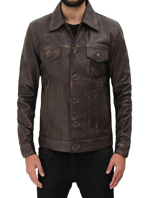 Mens Brown Distressed Leather Trucker Jacket