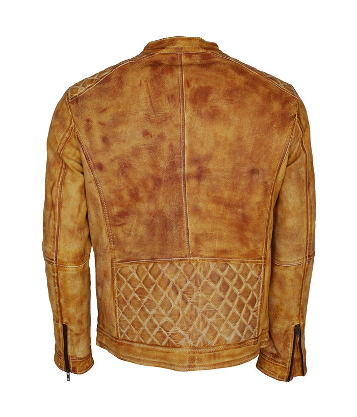 Mens Cafe Racer Distressed Yellow Leather Jacket Shop now
