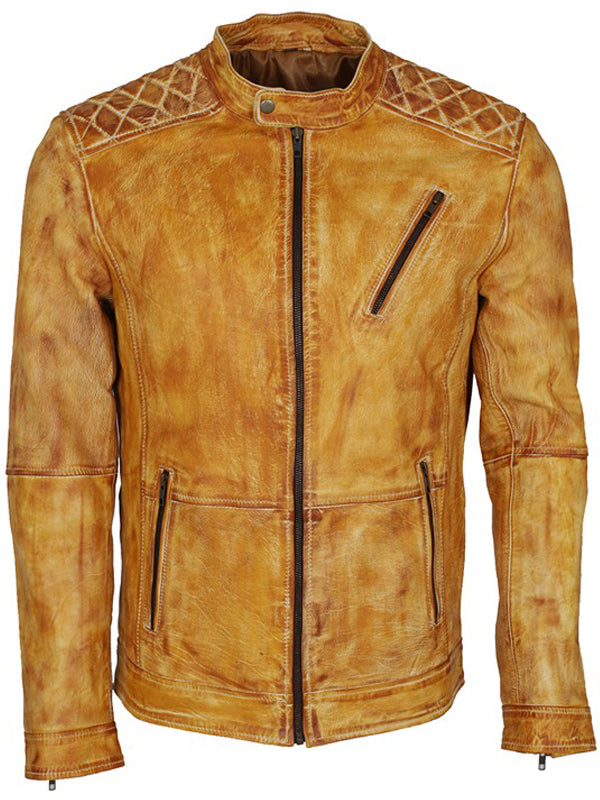 Mens Cafe Racer Distressed Yellow Leather Jacket